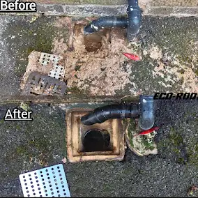 before and after image for an unblocked drain